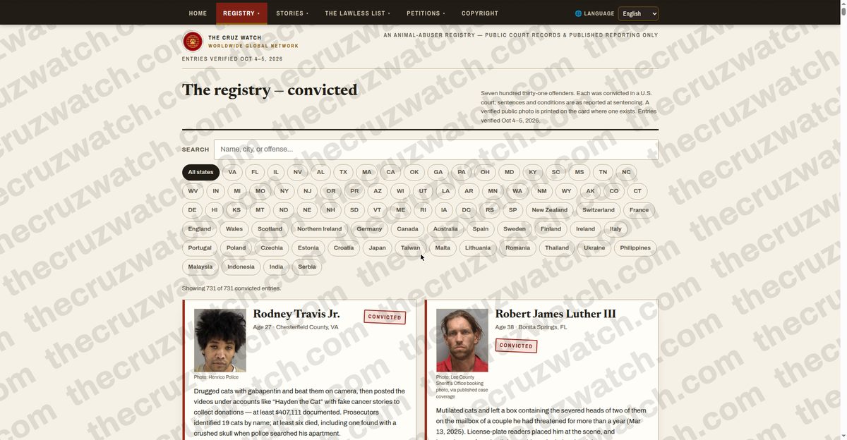 The Cruz Watch searchable registry board, designed and built by Merci Web's webmaster